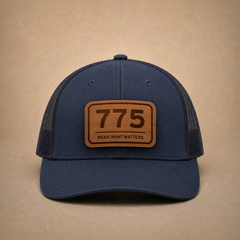 Navy Reno hats — Reno 775 Leather Patch Trucker Hat
