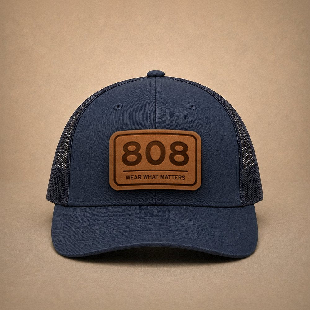 Navy Hawaii hats — Hawaii 808 Leather Patch Trucker Hat