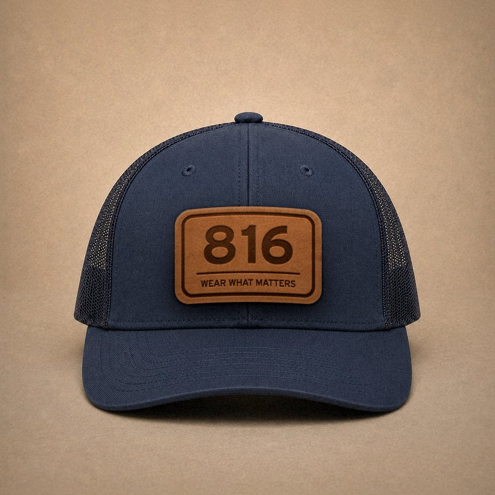 Navy Kansas City hats — Kansas City 816 Leather Patch Trucker Hat