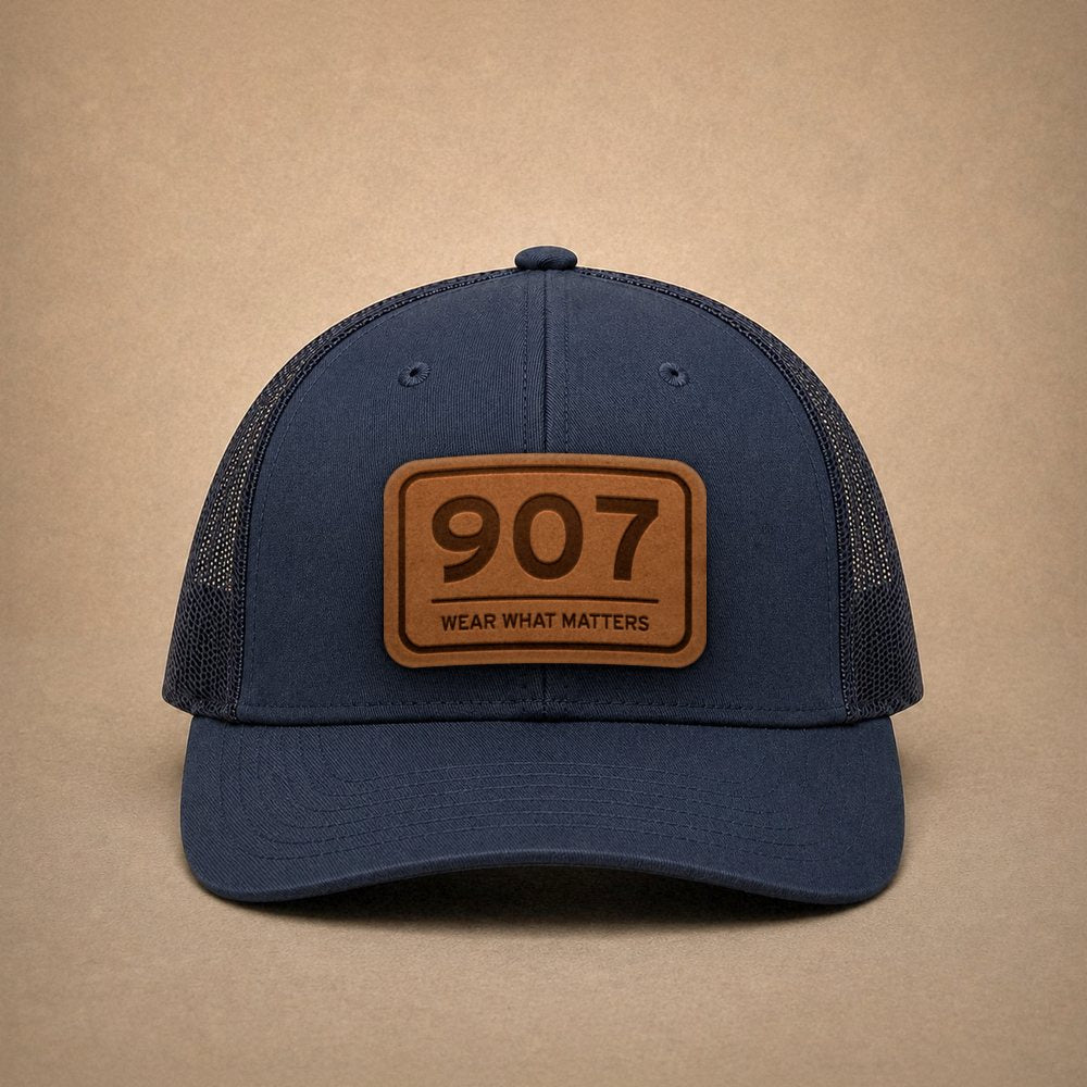 Navy Alaska hats — Alaska 907 Leather Patch Trucker Hat