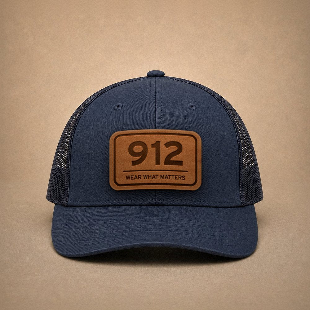 Navy Savannah hats — Savannah 912 Leather Patch Trucker Hat