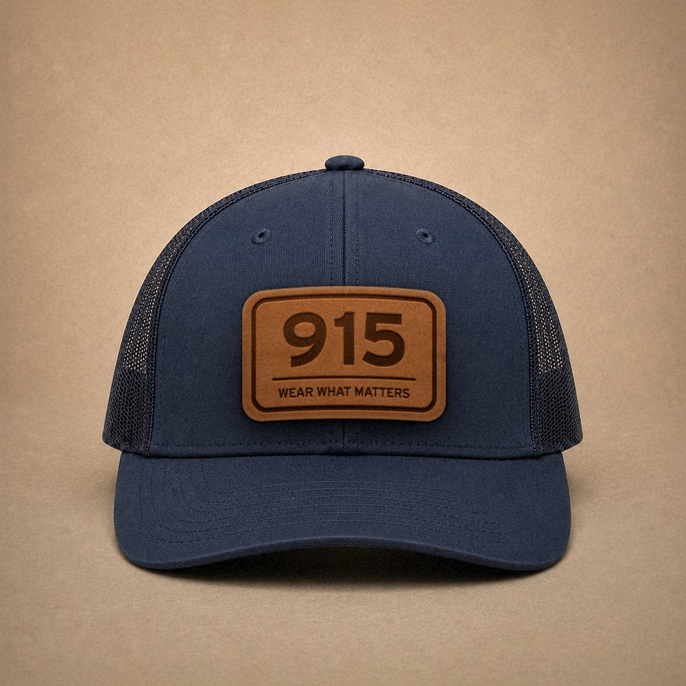 Navy El Paso hats — El Paso 915 Leather Patch Trucker Hat