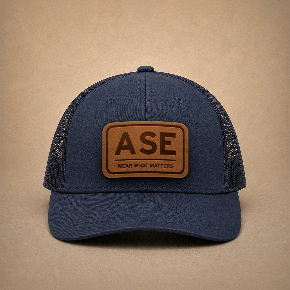 Navy Aspen hats — Aspen ASE Leather Patch Trucker Hat