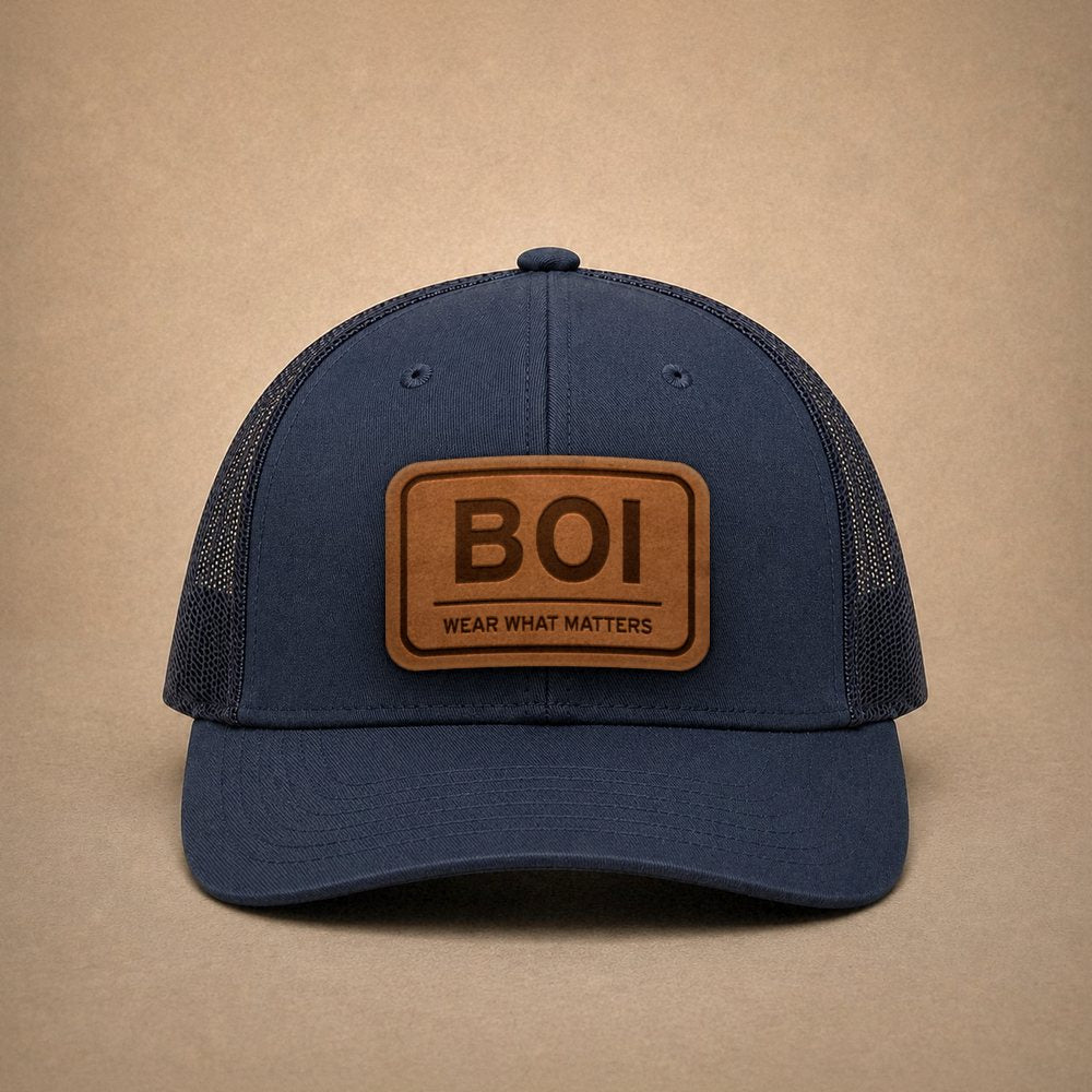 Navy Boise hats — Boise BOI Leather Patch Trucker Hat