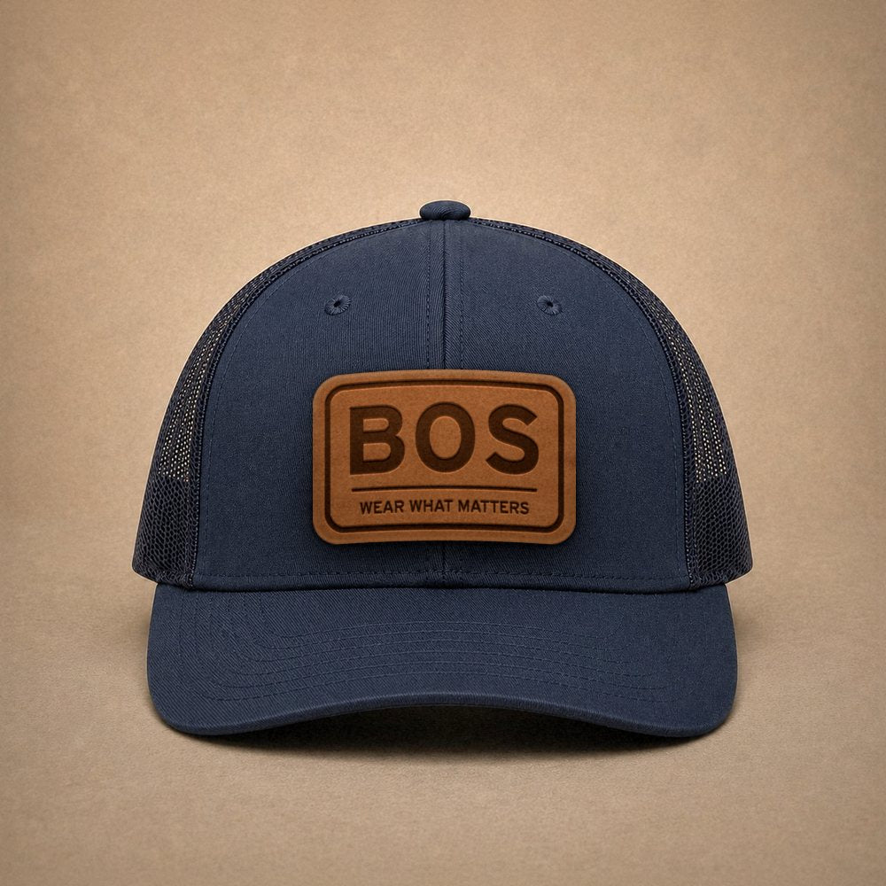 Navy Boston hats — Boston BOS Leather Patch Trucker Hat