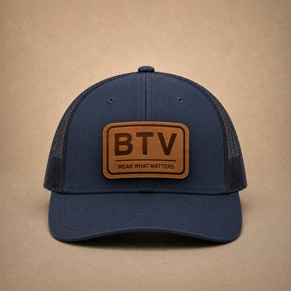 Navy Burlington hats — Burlington BTV Leather Patch Trucker Hat