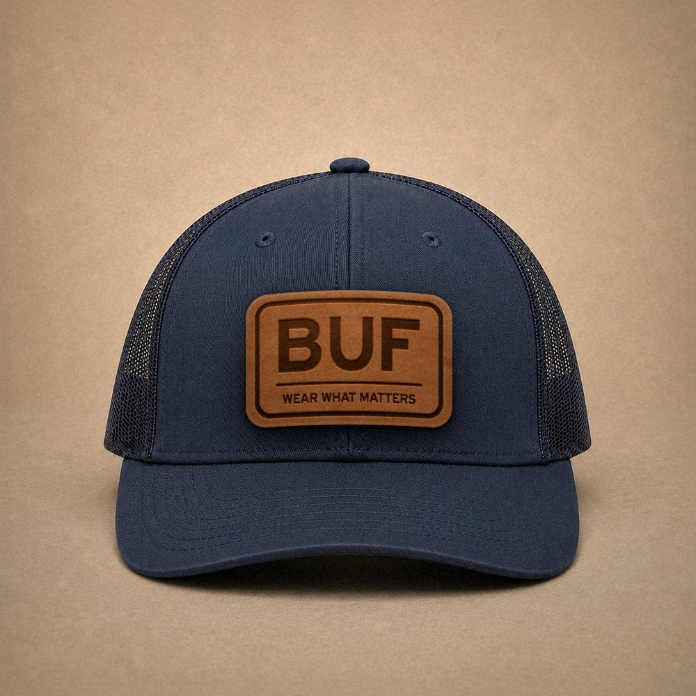 Navy Buffalo hats — Buffalo BUF Leather Patch Trucker Hat