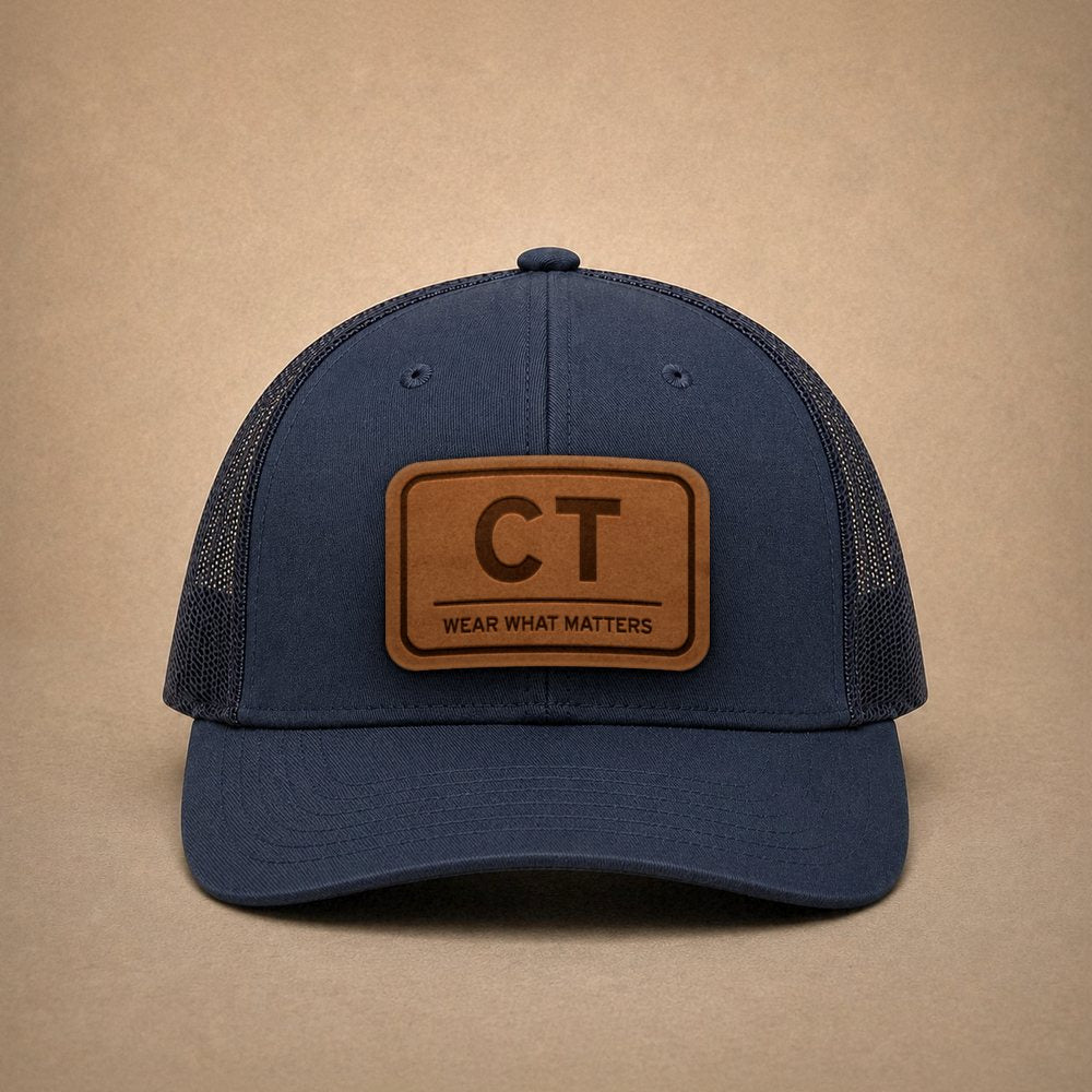 Navy Connecticut hats — Connecticut CT Leather Patch Trucker Hat