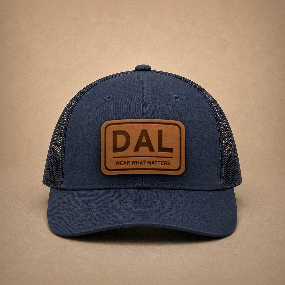 Navy Dallas hats — Dallas DAL Leather Patch Trucker Hat