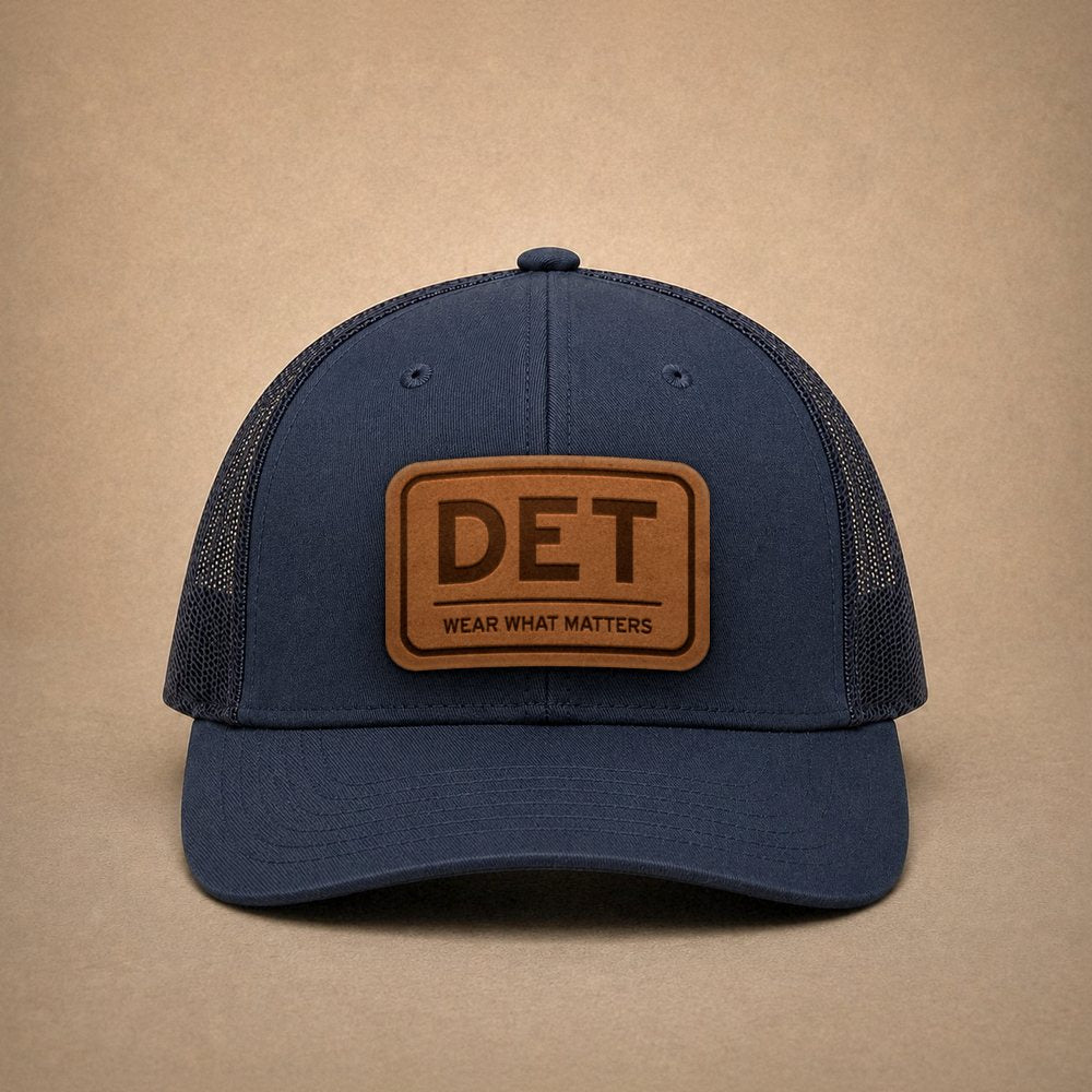Navy Detroit hats — Detroit DET Leather Patch Trucker Hat