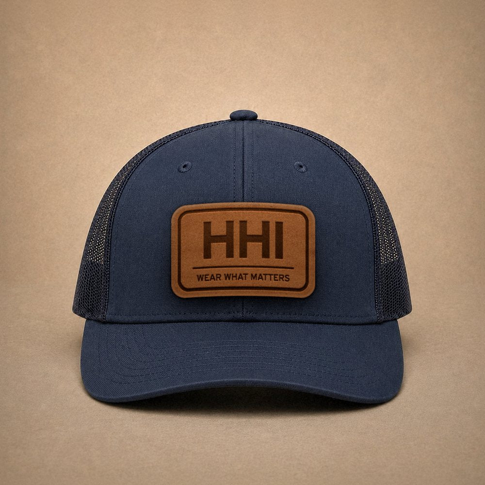 Navy Hilton Head hats — Hilton Head HHI Leather Patch Trucker Hat