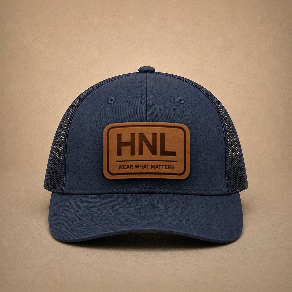 Navy Honolulu hats — Honolulu HNL Leather Patch Trucker Hat