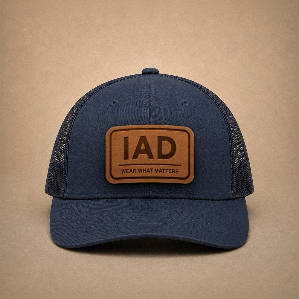 Navy Washington DC hats — Washington DC IAD Leather Patch Trucker Hat