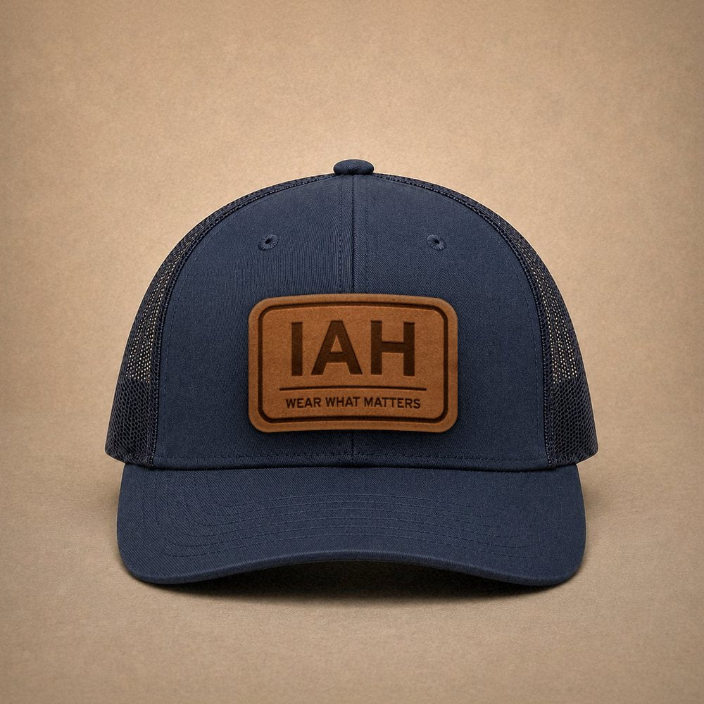Navy Houston hats — Houston IAH Leather Patch Trucker Hat