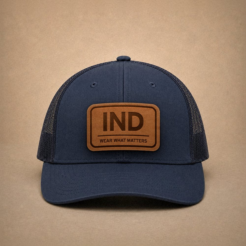 Navy Indianapolis hats — Indianapolis IND Leather Patch Trucker Hat