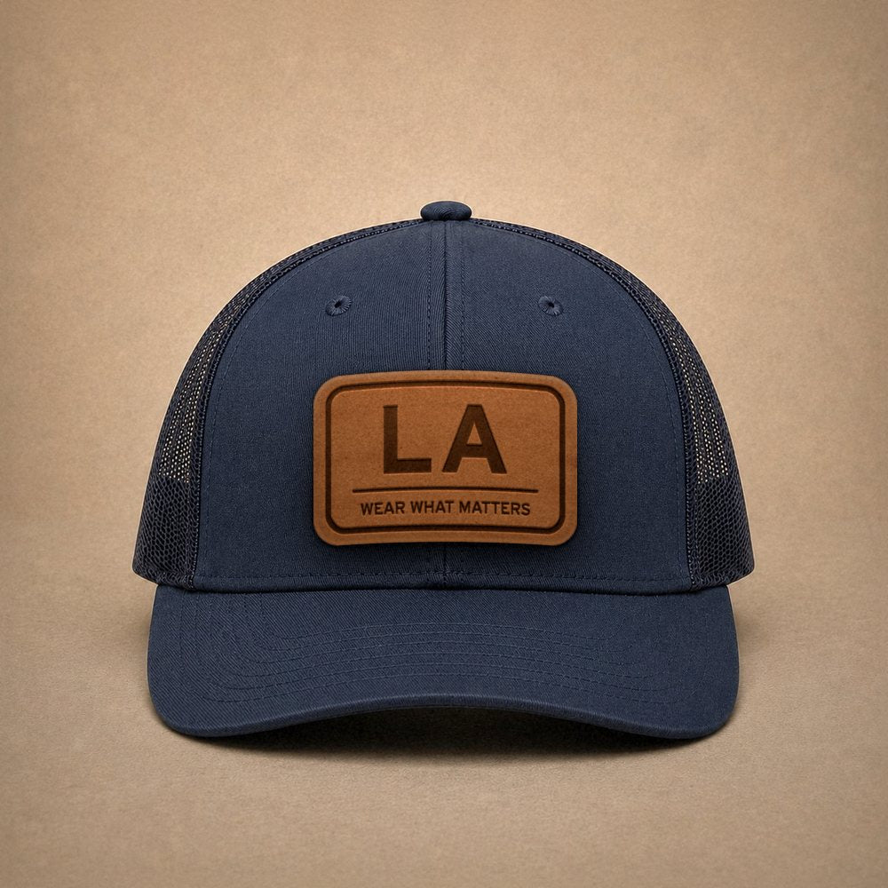 Navy Louisiana hats — Louisiana LA Leather Patch Trucker Hat