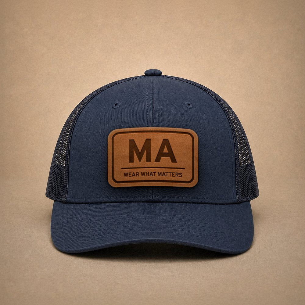 Navy Massachusetts hats — Massachusetts MA Leather Patch Trucker Hat