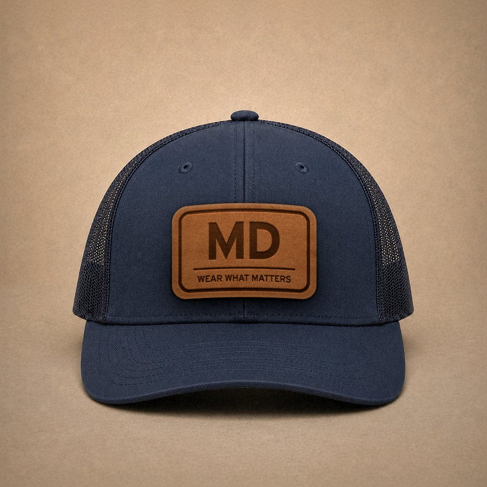 Navy Maryland hats — Maryland MD Leather Patch Trucker Hat