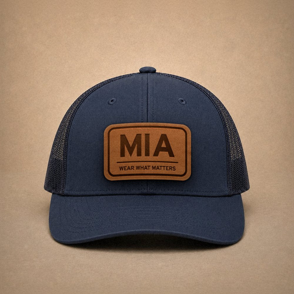 Navy Miami hats — Miami MIA Leather Patch Trucker Hat