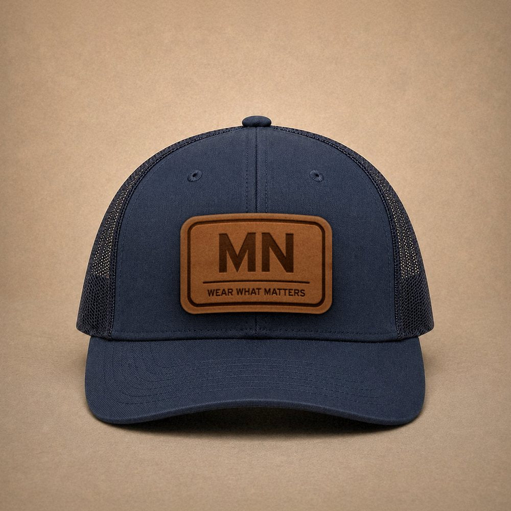 Navy Minnesota hats — Minnesota MN Leather Patch Trucker Hat