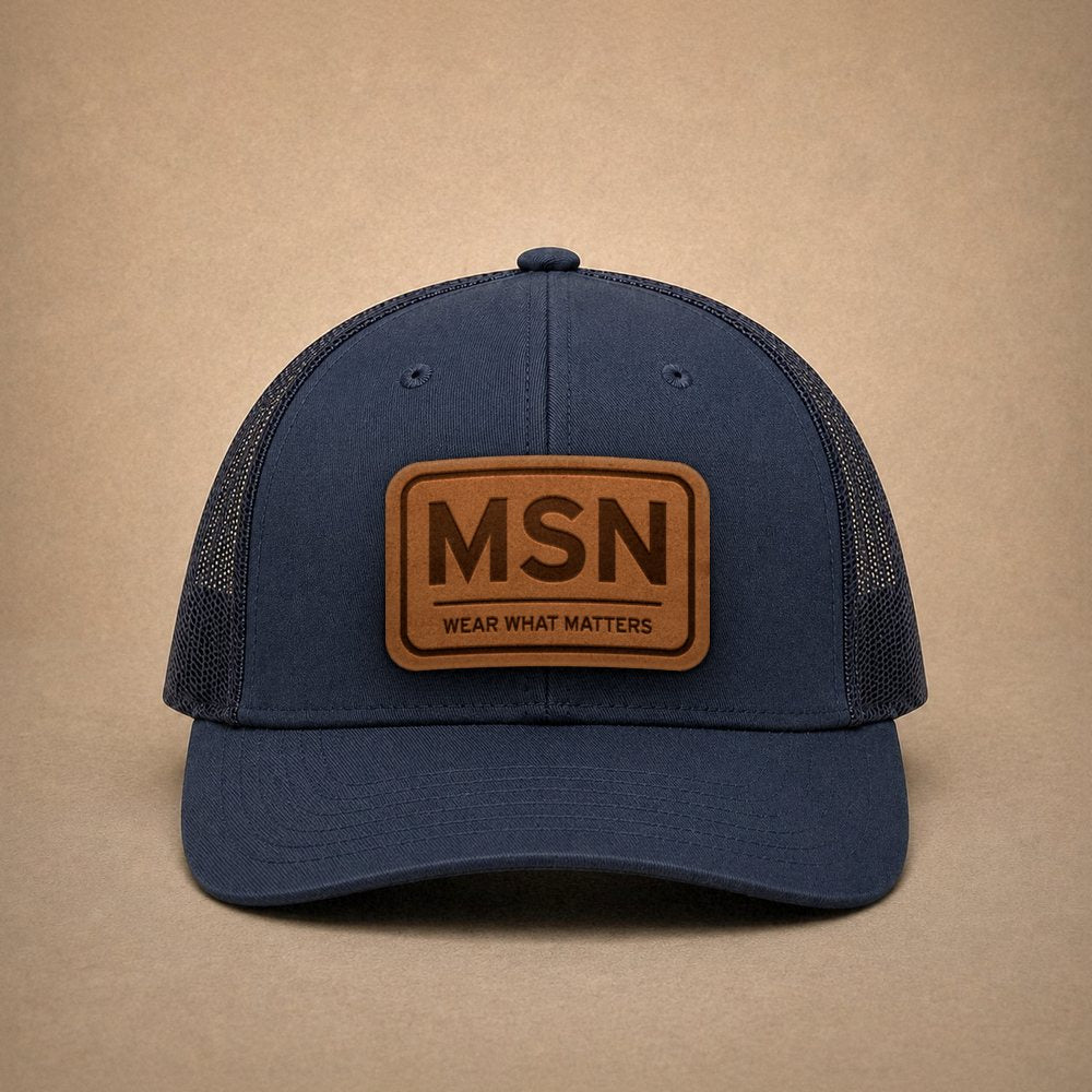 Navy Madison hats — Madison MSN Leather Patch Trucker Hat