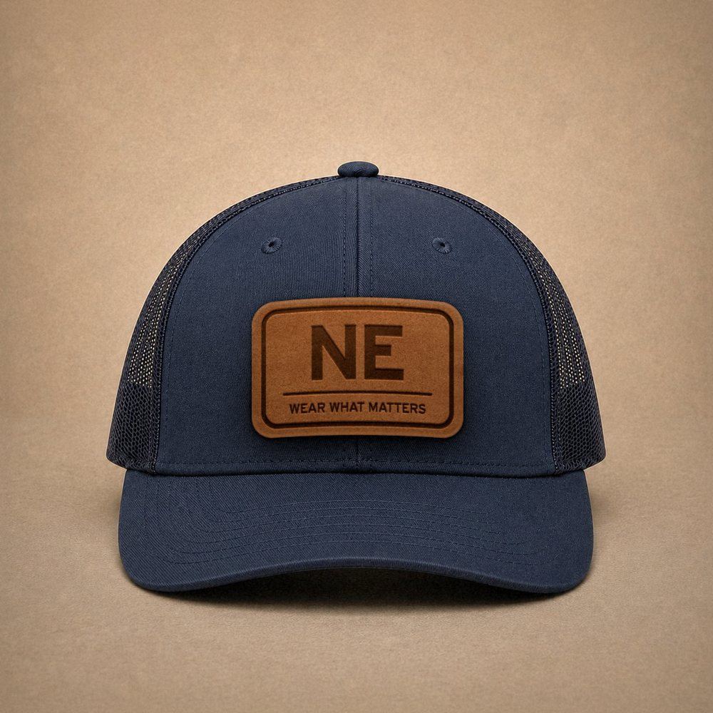 Navy Nebraska hats — Nebraska NE Leather Patch Trucker Hat