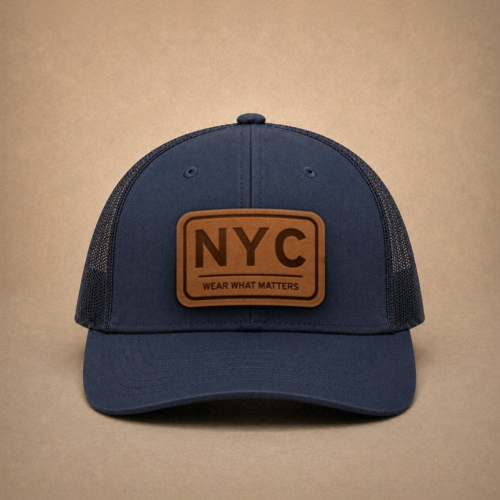 Navy New York City hats — New York City NYC Leather Patch Trucker Hat