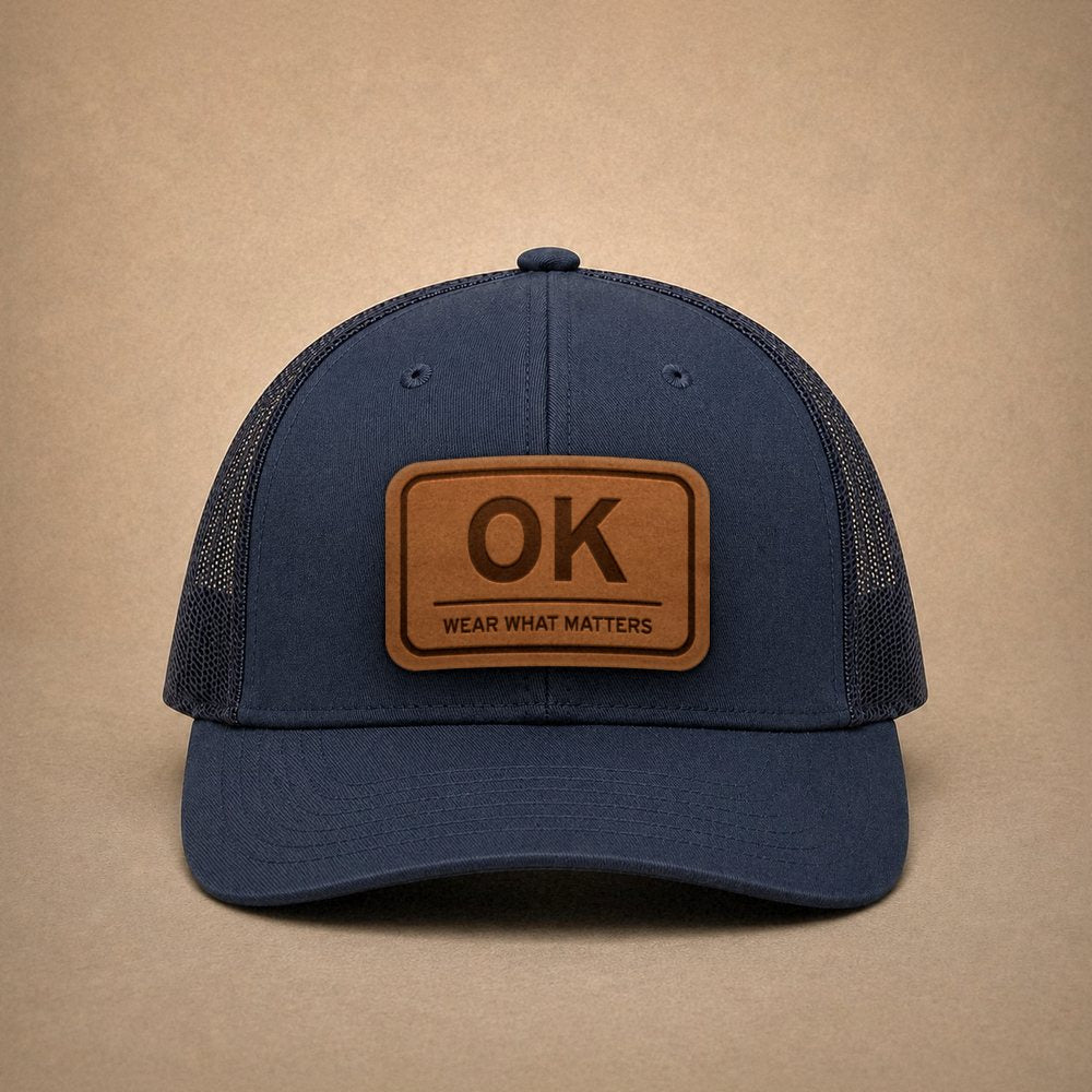 Navy Oklahoma hats — Oklahoma OK Leather Patch Trucker Hat