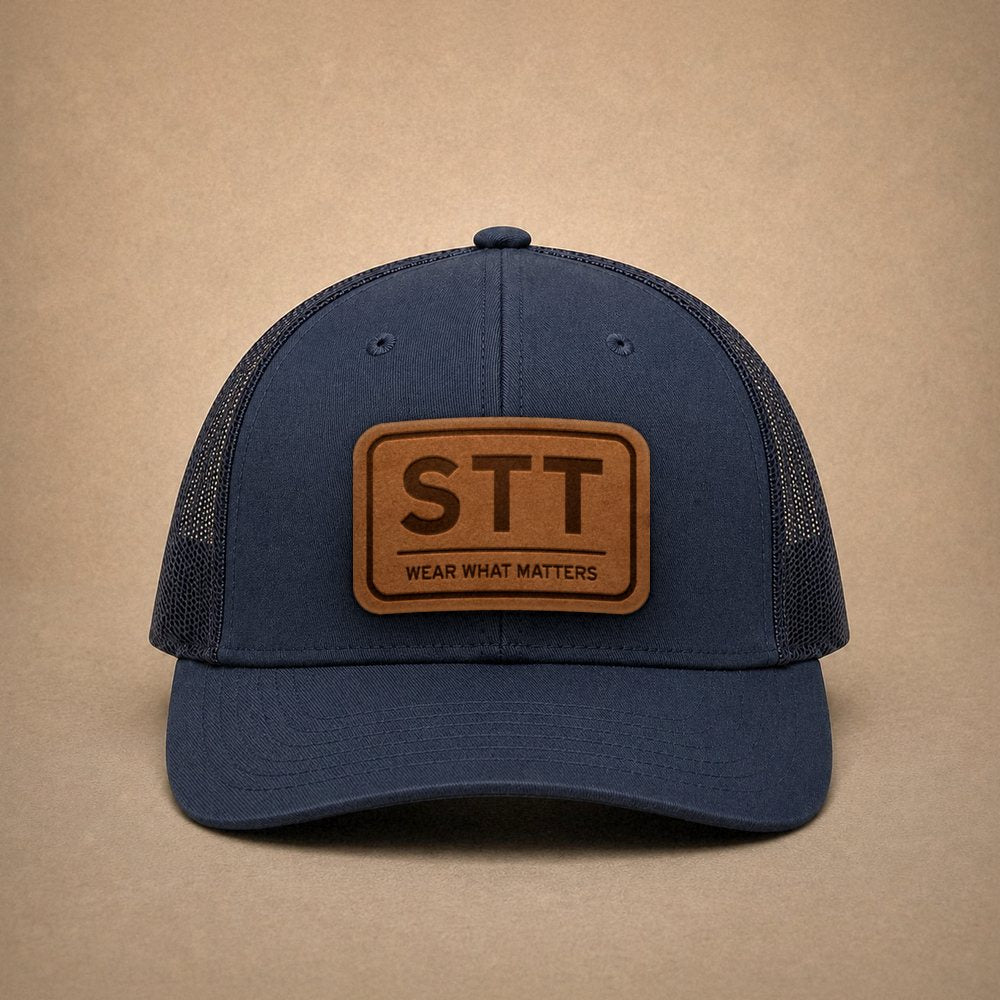 Navy St Thomas hats — St Thomas STT Leather Patch Trucker Hat