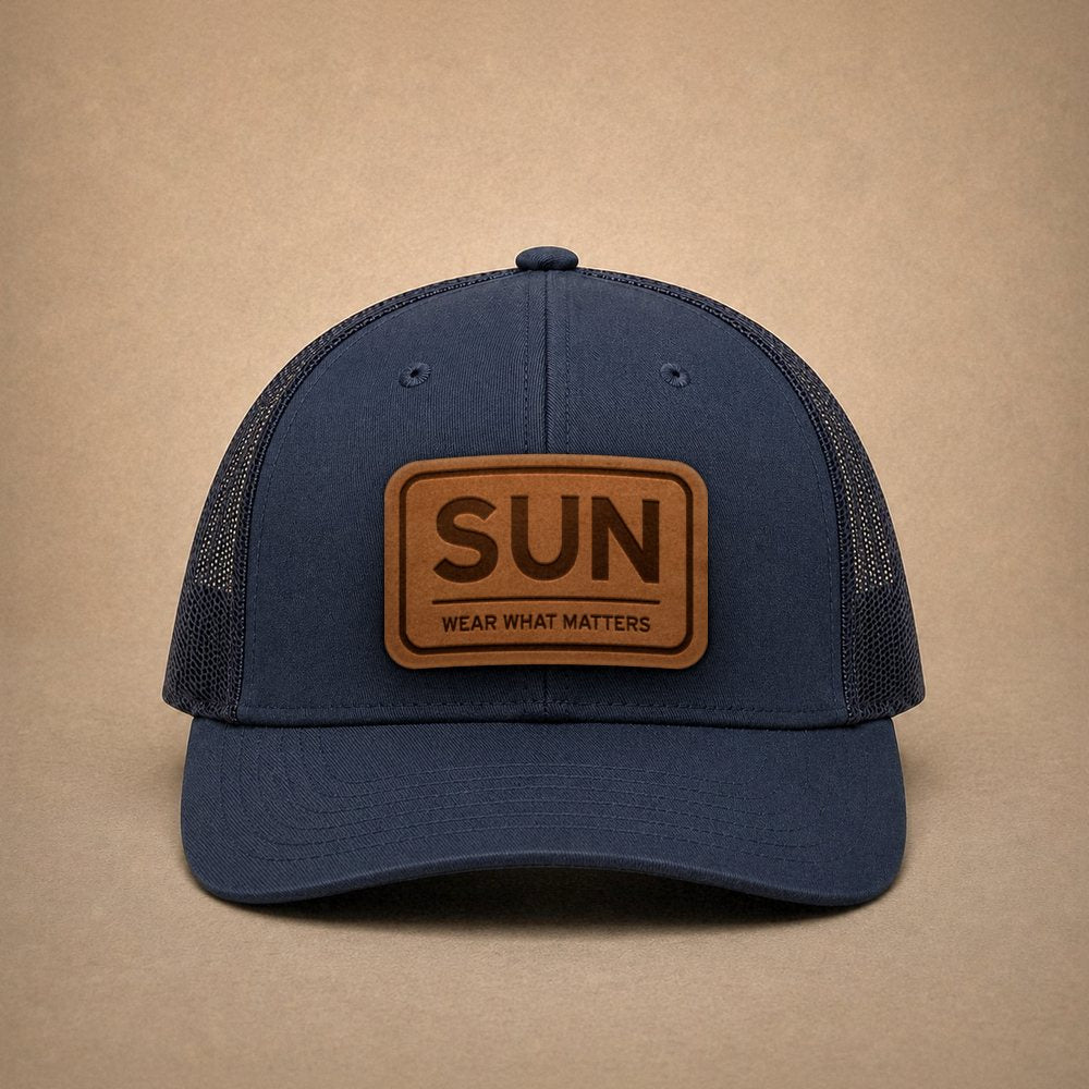 Navy Sun Valley hats — Sun Valley SUN Leather Patch Trucker Hat