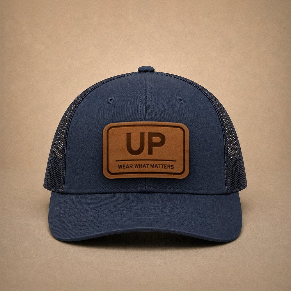 Navy Upper Peninsula hats — Upper Peninsula UP Leather Patch Trucker Hat