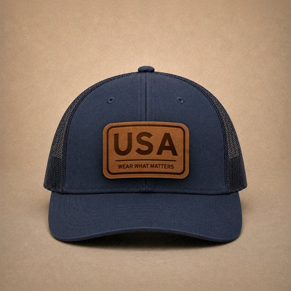Navy USA hats — USA Leather Patch Trucker Hat