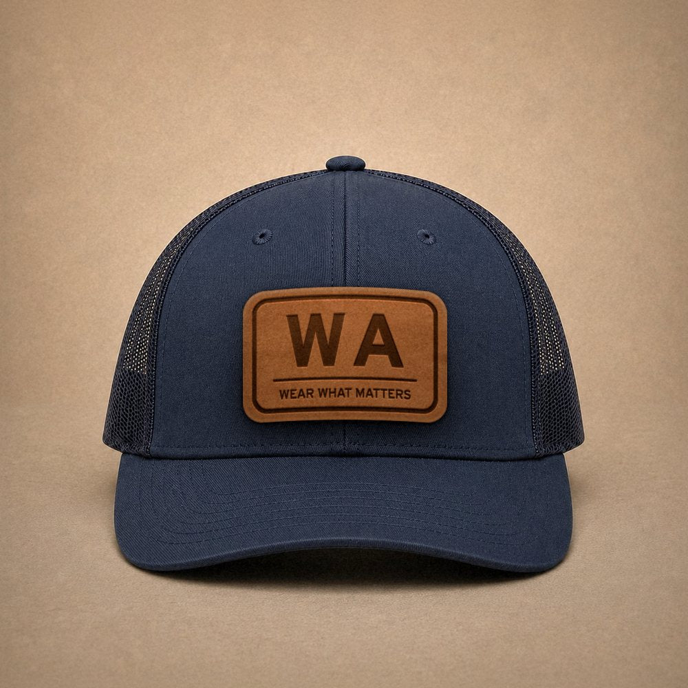 Navy Washington hats — Washington WA Leather Patch Trucker Hat