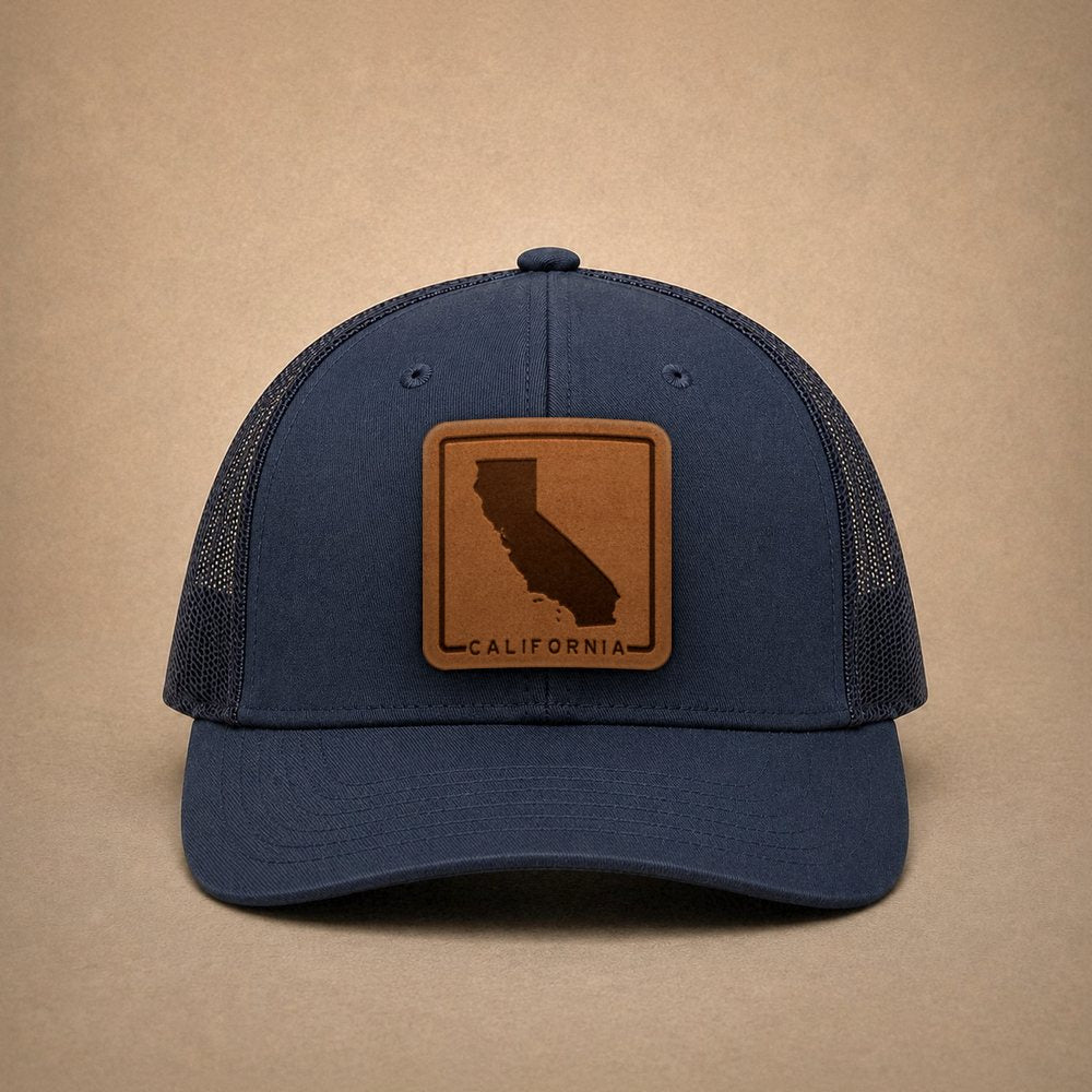 Navy California hats — California Outline Leather Patch Trucker Hat