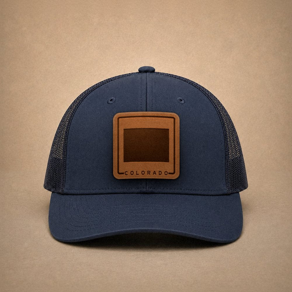 Navy Colorado hats — Colorado Outline Leather Patch Trucker Hat