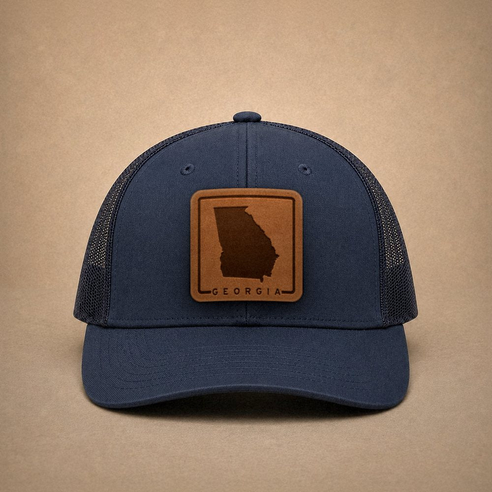 Navy Georgia hats — Georgia Outline Leather Patch Trucker Hat