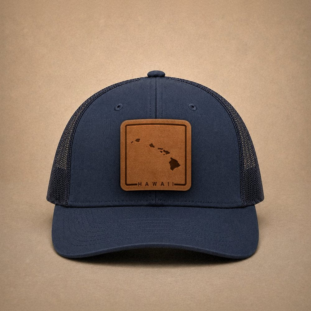 Navy Hawaii hats — Hawaii Outline Leather Patch Trucker Hat