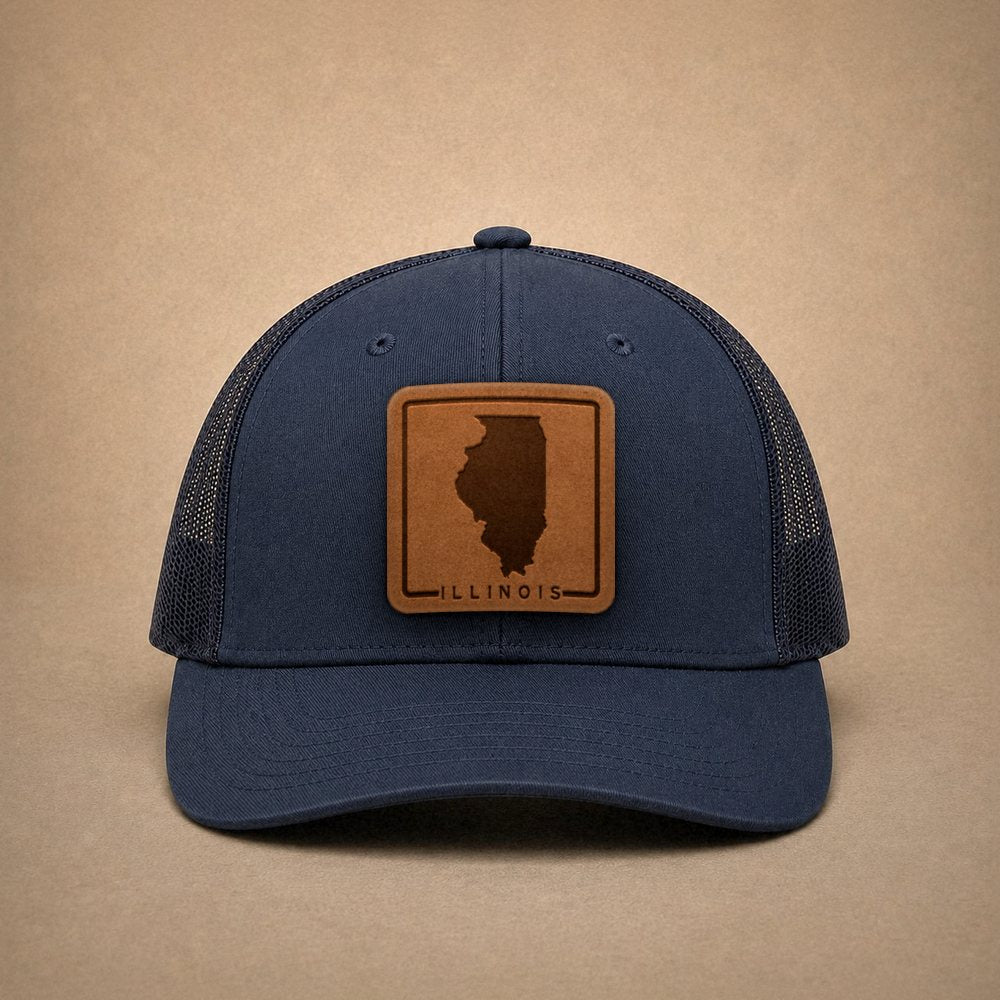 Navy Illinois hats — Illinois Outline Leather Patch Trucker Hat
