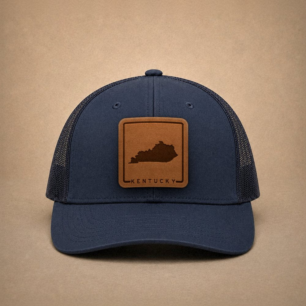 Navy Kentucky hats — Kentucky Outline Leather Patch Trucker Hat