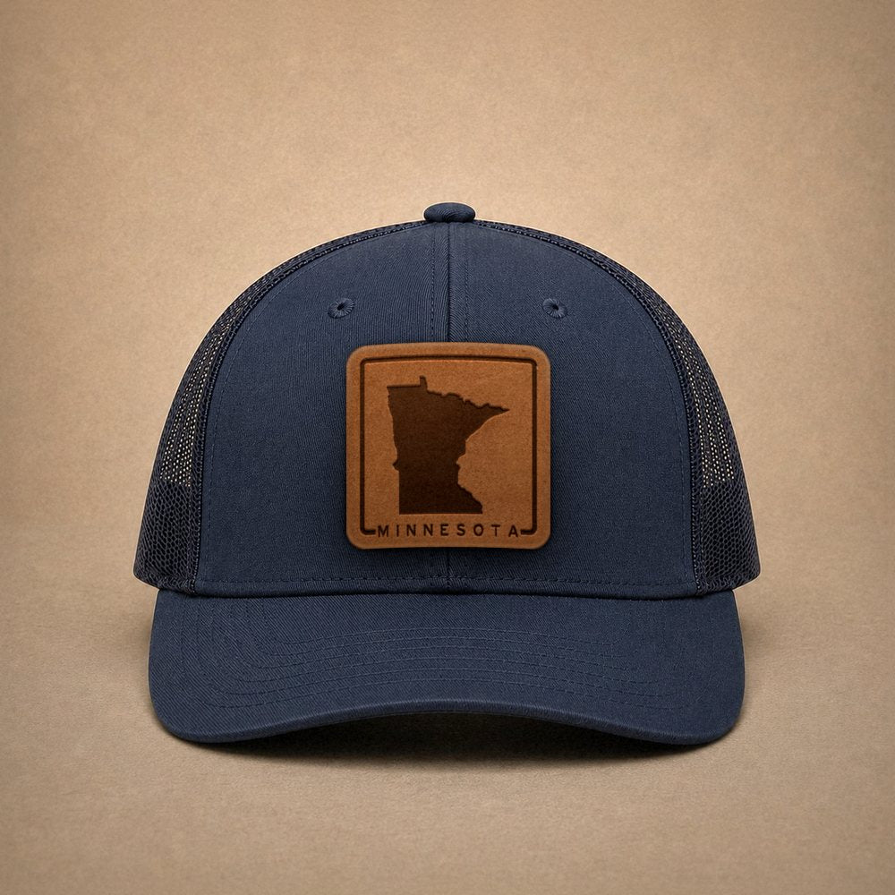 Navy Minnesota hats — Minnesota Outline Leather Patch Trucker Hat
