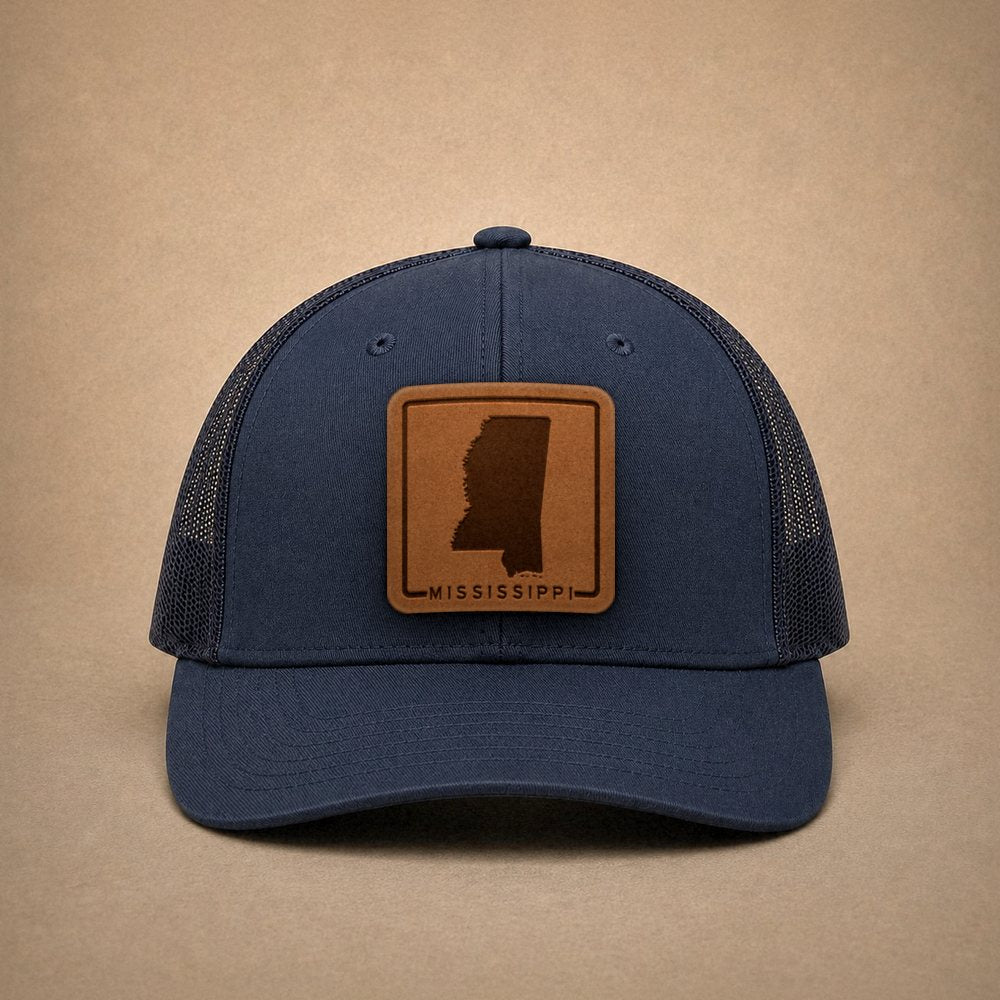 Navy Mississippi hats — Mississippi Outline Leather Patch Trucker Hat