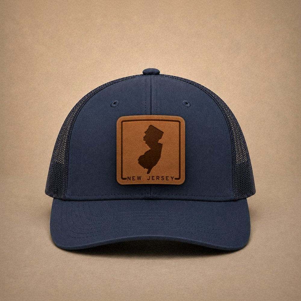 Navy New Jersey hats — New Jersey Outline Leather Patch Trucker Hat
