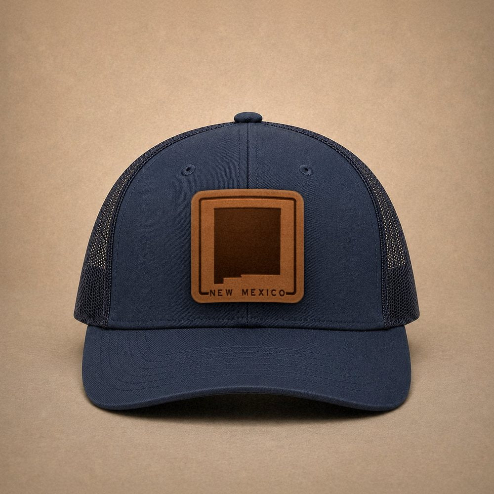 Navy New Mexico hats — New Mexico Outline Leather Patch Trucker Hat
