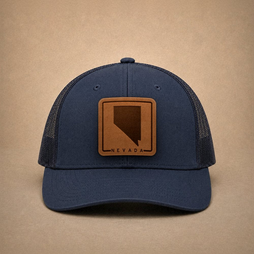 Navy Nevada hats — Nevada Outline Leather Patch Trucker Hat