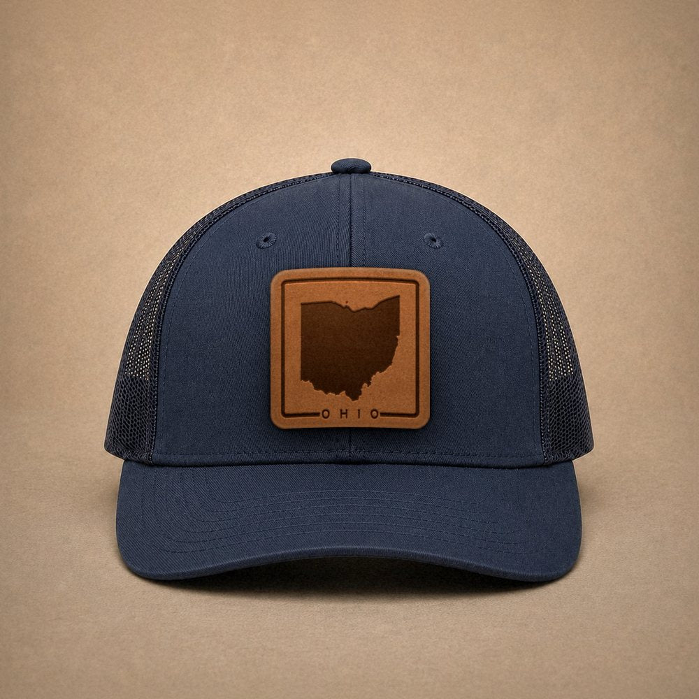 Navy Ohio hats — Ohio Outline Leather Patch Trucker Hat