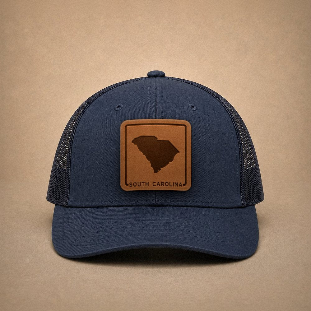 Navy South Carolina hats — South Carolina Outline Leather Patch Trucker Hat