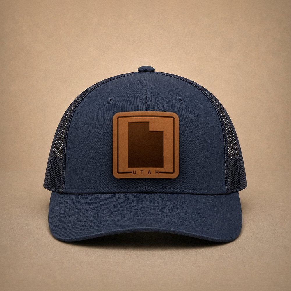 Navy Utah hats — Utah Outline Leather Patch Trucker Hat