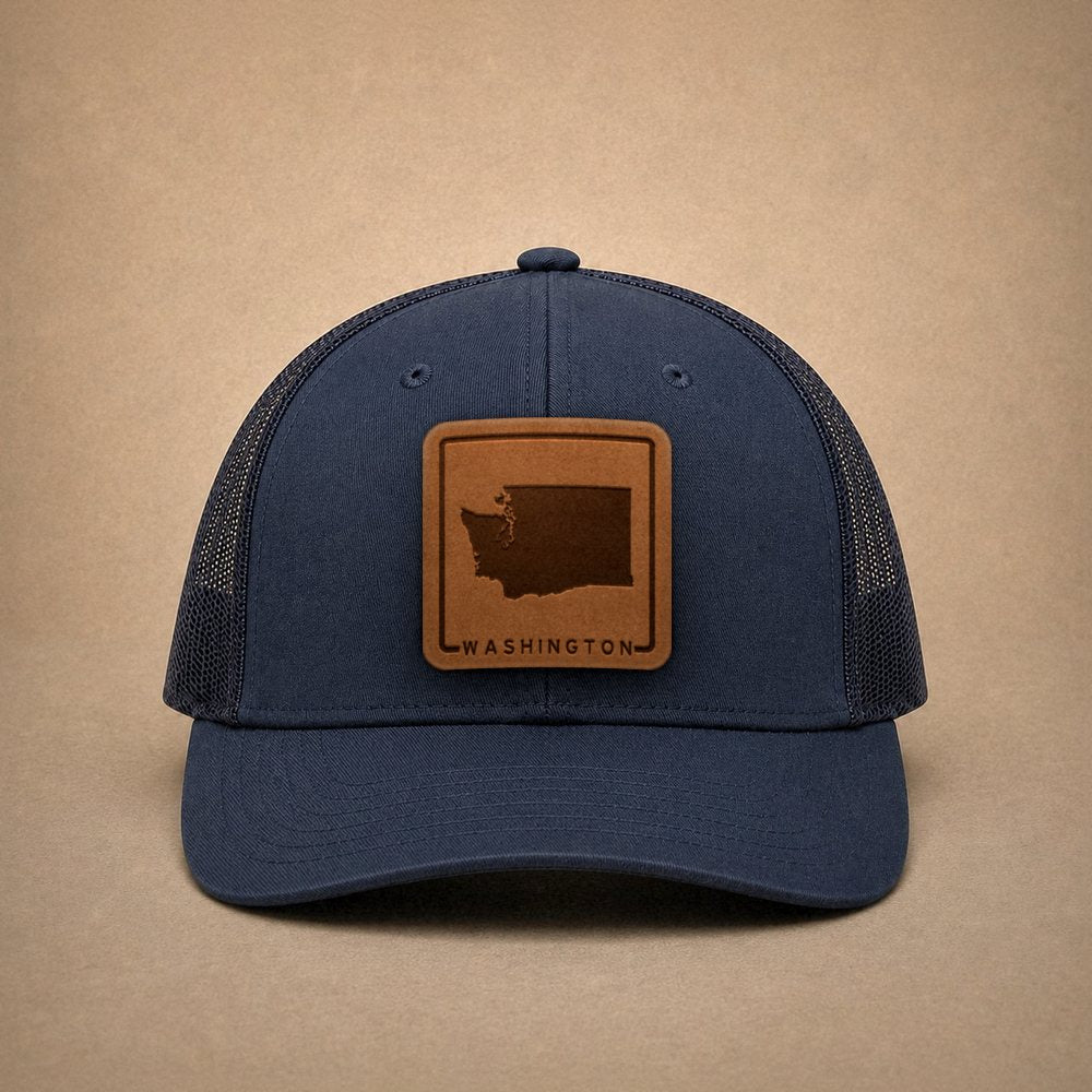Navy Washington hats — Washington Outline Leather Patch Trucker Hat