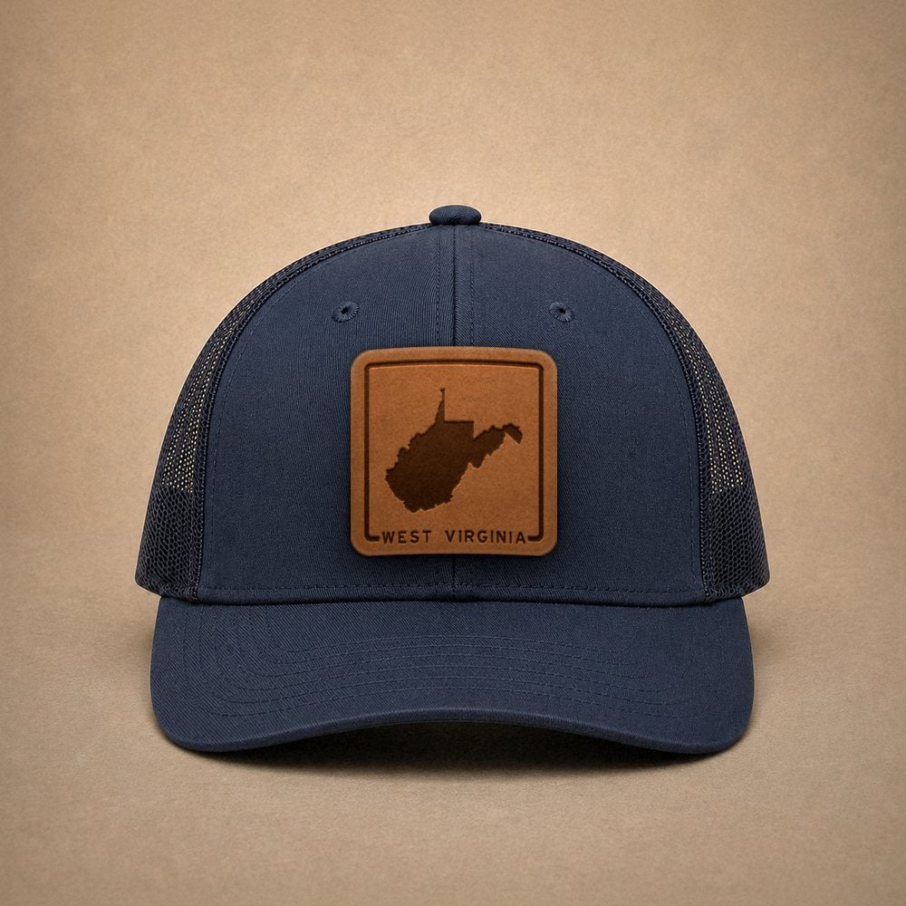 Navy West Virginia hats — West Virginia Outline Leather Patch Trucker Hat