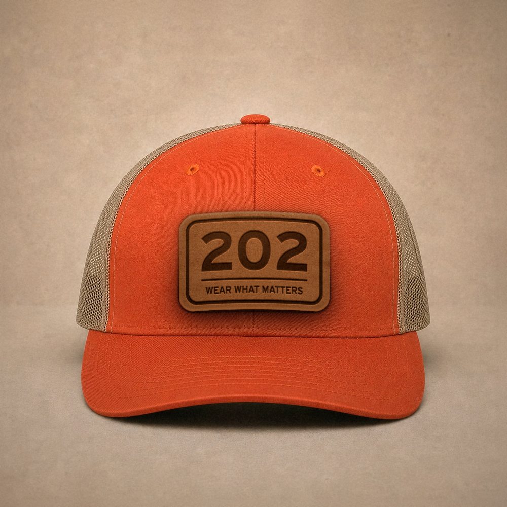 Orange Washington DC hats — Washington DC 202 Leather Patch Trucker Hat